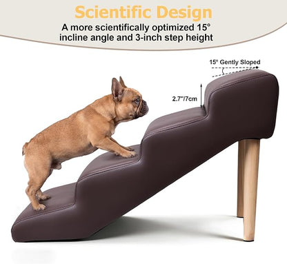 4-Step 18" H Dog Stairs for Bed Couch, Waterproof & Scratch PU Leather Pet Steps for Small Senior Dogs and Cats, Dog Ramp with 220 lbs Maximum, Oak Leg & Solid Wood, Non-Slip Feet,Brown
