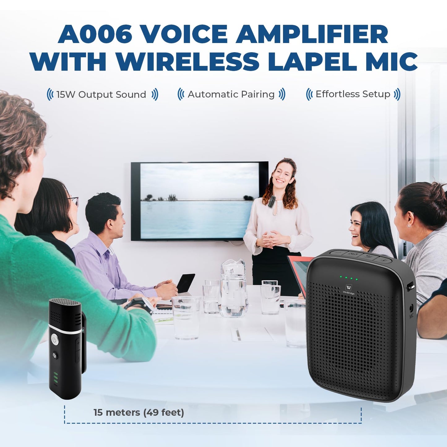 Voice Amplifier with Wireless Lapel Microphone - Personal Megaphone for Teachers, 15W Portable Mini Bluetooth PA System and Clip-on Lavalier Mic for Classroom, Speech, Yoga, Tour Guide - A006