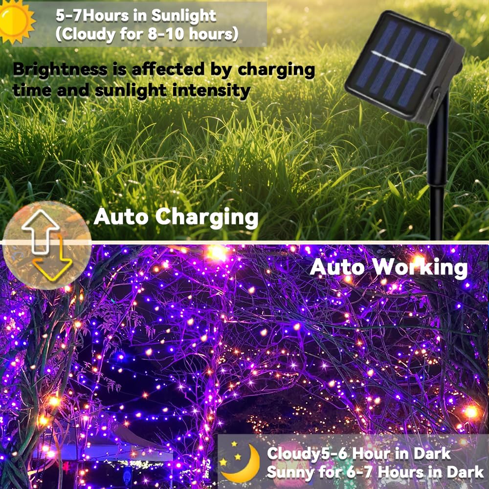Taoushuleng 2 Pack Solar Purple&Orange String Lights Outdoor, Total 200 LED Each 40Ft with 8 Lighting Modes for Yard, Fence,Balcony, Party,Halloween Decorations (Purple&Orange)