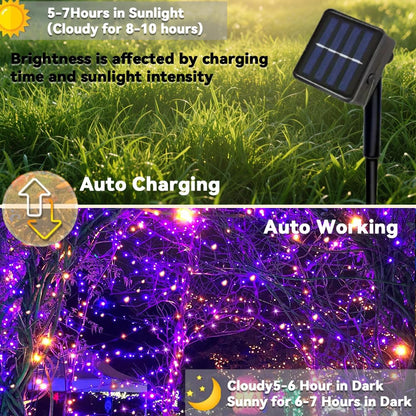 Taoushuleng 2 Pack Solar Purple&Orange String Lights Outdoor, Total 200 LED Each 40Ft with 8 Lighting Modes for Yard, Fence,Balcony, Party,Halloween Decorations (Purple&Orange)