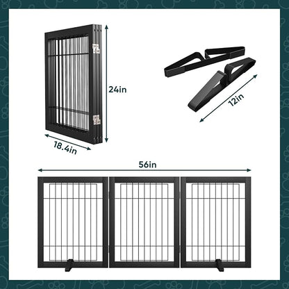 Semiocthome Freestanding Dog Gates and Barriers Indoor Pet Gates for Doorways and Stairs 24"H- 3 Panels Puppy Gate with 2 Metals Stands Adjustable Safety Fence Wire Dog Gate with Bamboo Frame - Black