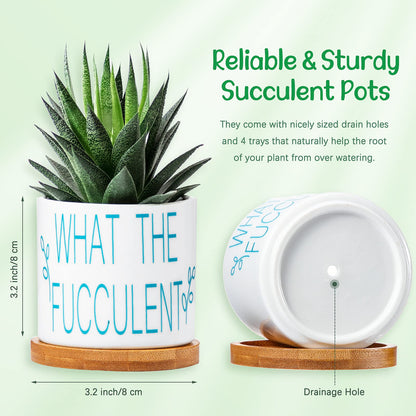 4 Pieces Succulent Pots Funny Sarcastic Succulent Cactus Planters Gifts for Grandma Friend 3.2 Inch with Drainage and Bamboo Tray White Ceramic Pot for Plants Garden Decorative (Fresh Style)