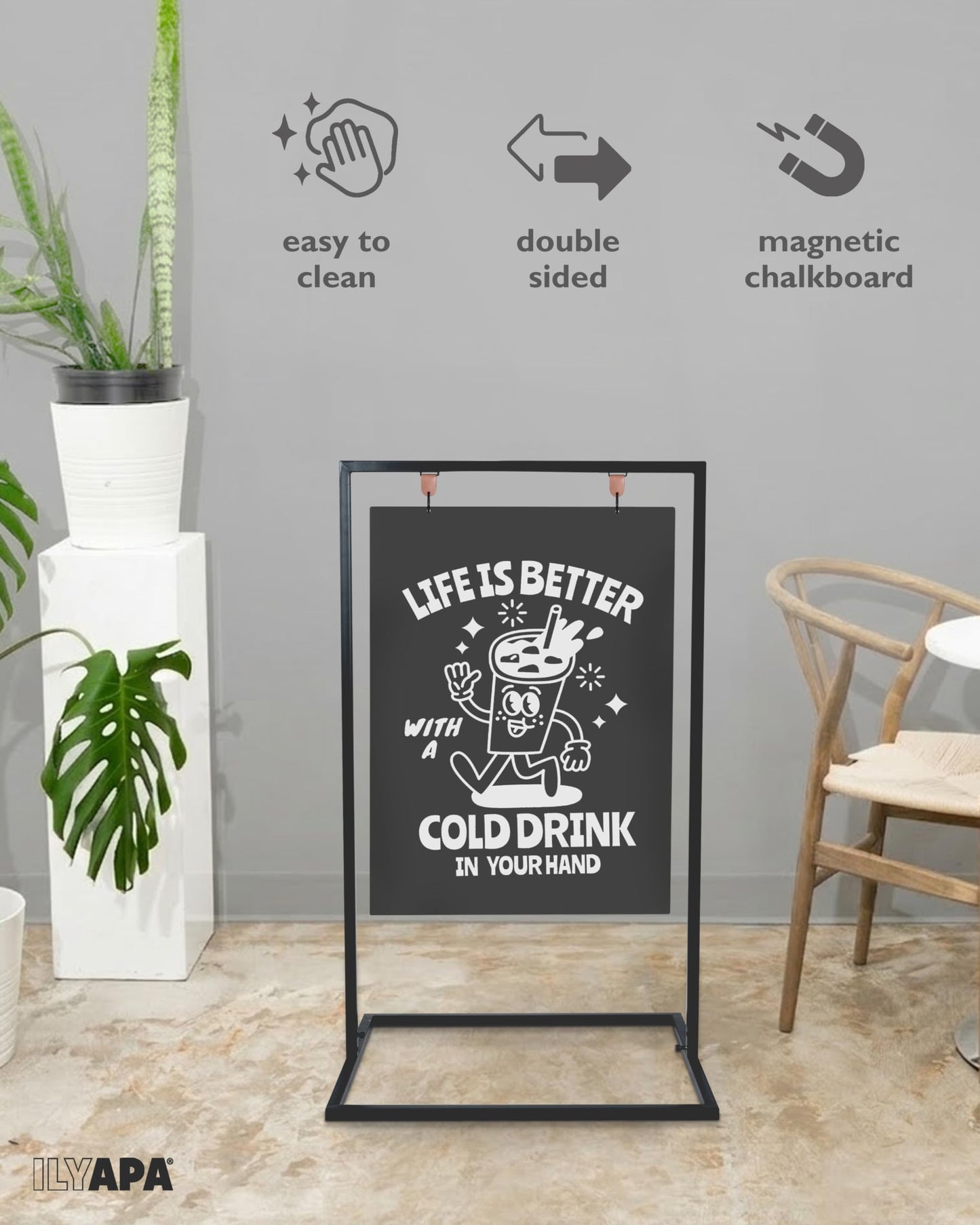 Ilyapa 30x50 Inch Magnetic Double-Sided Swinging Sidewalk Chalkboard Sign Bundle with 4-Pack Erasable Liquid Chalk Markers