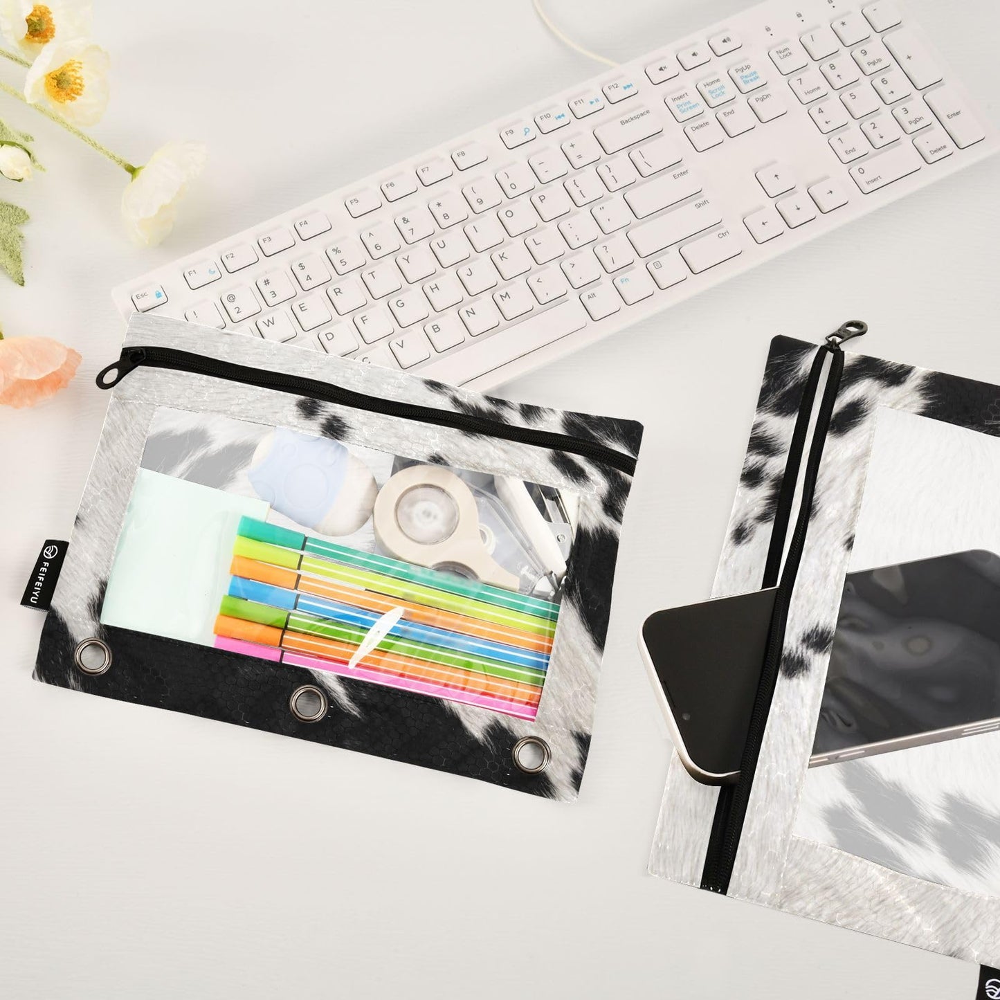 Coikll Cow Skin Print Pencil Pouch Fits Standard 3-Ring Binders, Zipper Binder Pencil Bag with Clear Window for Class Office 2 Pack