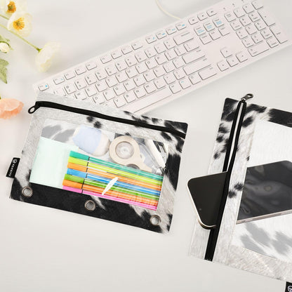 Coikll Cow Skin Print Pencil Pouch Fits Standard 3-Ring Binders, Zipper Binder Pencil Bag with Clear Window for Class Office 2 Pack