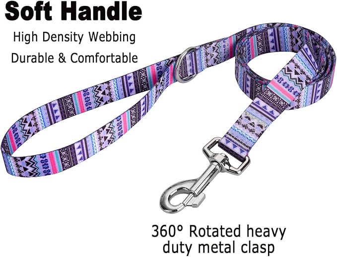 MarukoPet Dog Collar and Leash Set, Adjustable for Small Medium Large Dogs Puppy, Cute Design with Bohemia Floral Tribal Geometric Patterns Boys Girls Dog Collar(Purple Bohemia Set,M)