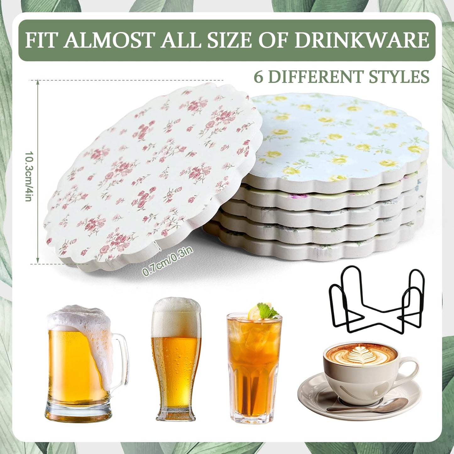 Stranthother 6 Pcs Scalloped Floral Ceramic Coasters with Holder,Round Cute Wildflower Coaster with Cork Base,Funny Decorative Absorbent Drinks Coasters,Coffee Table Decor Housewarming Gifts,4 Inch
