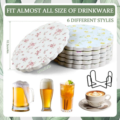 Stranthother 6 Pcs Scalloped Floral Ceramic Coasters with Holder,Round Cute Wildflower Coaster with Cork Base,Funny Decorative Absorbent Drinks Coasters,Coffee Table Decor Housewarming Gifts,4 Inch