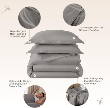 100% Organic Cotton Duvet Cover King Size - Naturally Soft Lightweight & Cooling Duvet Cover Set with Decorative Shams - Premium GOTS Certified 300 Thread Count Sateen Weave (Stone, King)