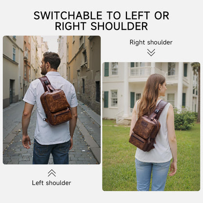 MOYYI EDC Crossbody Bag for Men Leather Sling Bag, Tactical Chest Bag with USB Charging Port, 7L Small Casual Daypacks for Travel