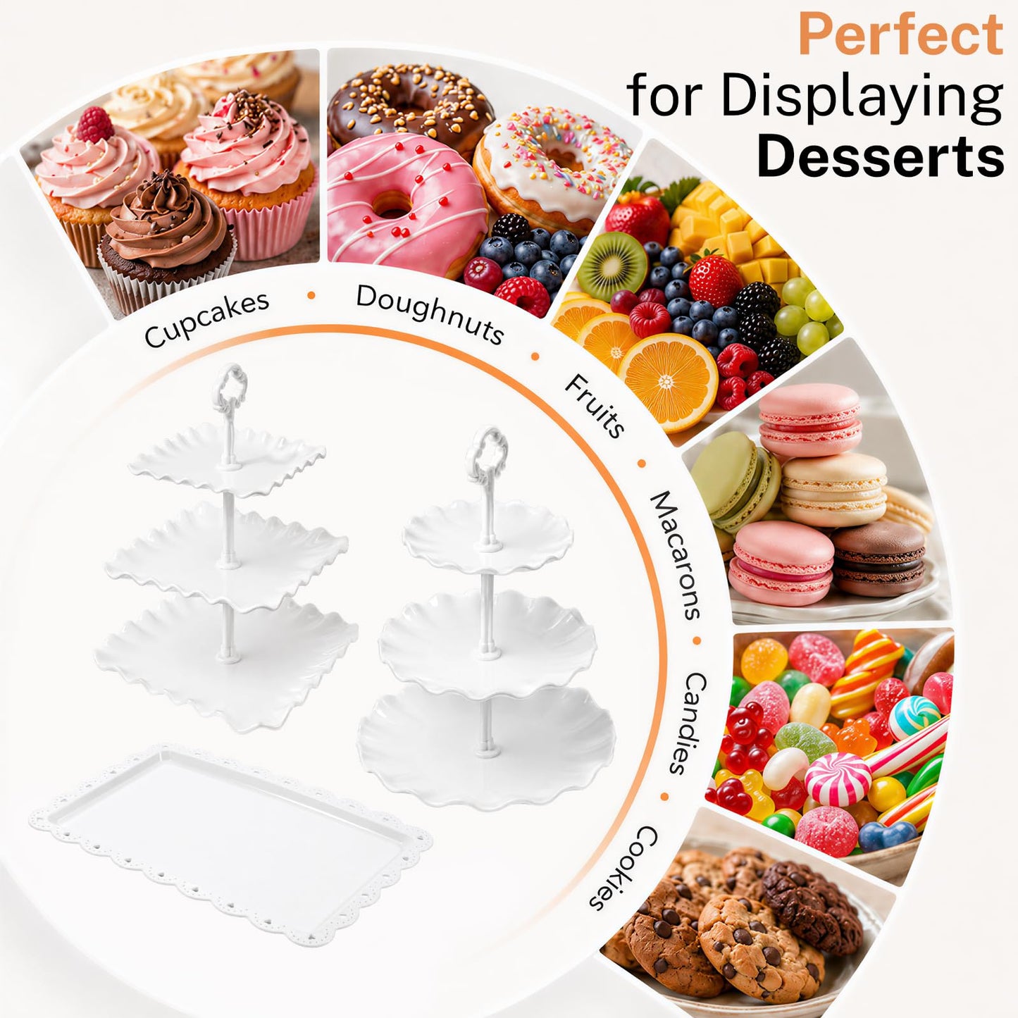 URLINE 10 Pcs Dessert Table Display Set -Plastic Dessert Table Display Set,4 x Large 3-Tier Cupcake Stands/Cup Cake Tier Tower & 6 X Serving Tray Combo for Tea Party, Birthday, Baby