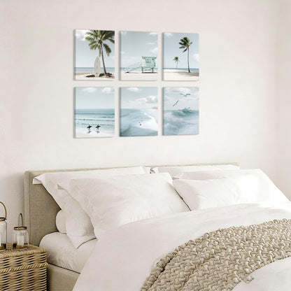CHDITB Beach Canvas Wall Art, Coastal Palm Tree Surfboard Wall Decor, Ocean Wave Seagull Artwork, Minimalist Surfing Pictures, Tropical Beach Prints for Bathroom Living Room seaside Bedroom 8”x10”x6