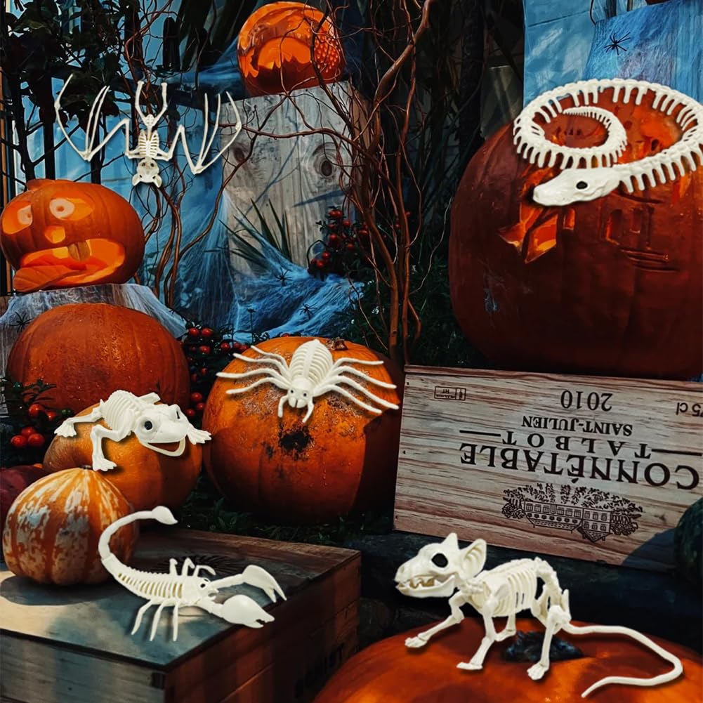 LUKBERA 6pcs Halloween Animal Skeletons, Bat Frog Scorpion Spider Snake Rat Skeletons for Halloween Party Haunted House Graveyard Scene Decoration