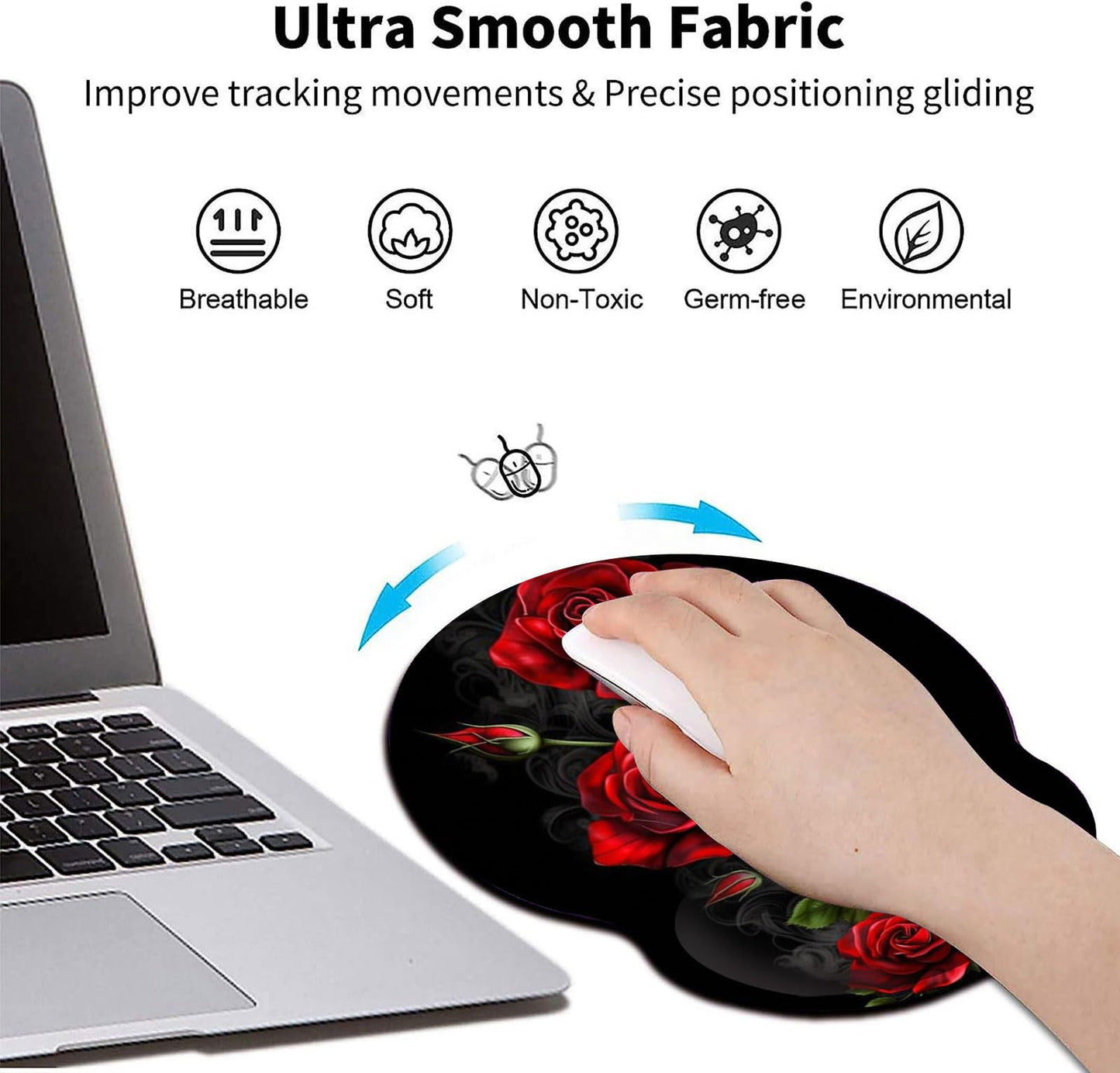 Mouse Pad with Wrist Support Gel, Ergonomic Mouse Pad with Comfortable Wrist Rest, Gaming Mousepad Non-Slip PU Base for Laptop Office Easy Typing & Pain Relief,Red Roses Flowers