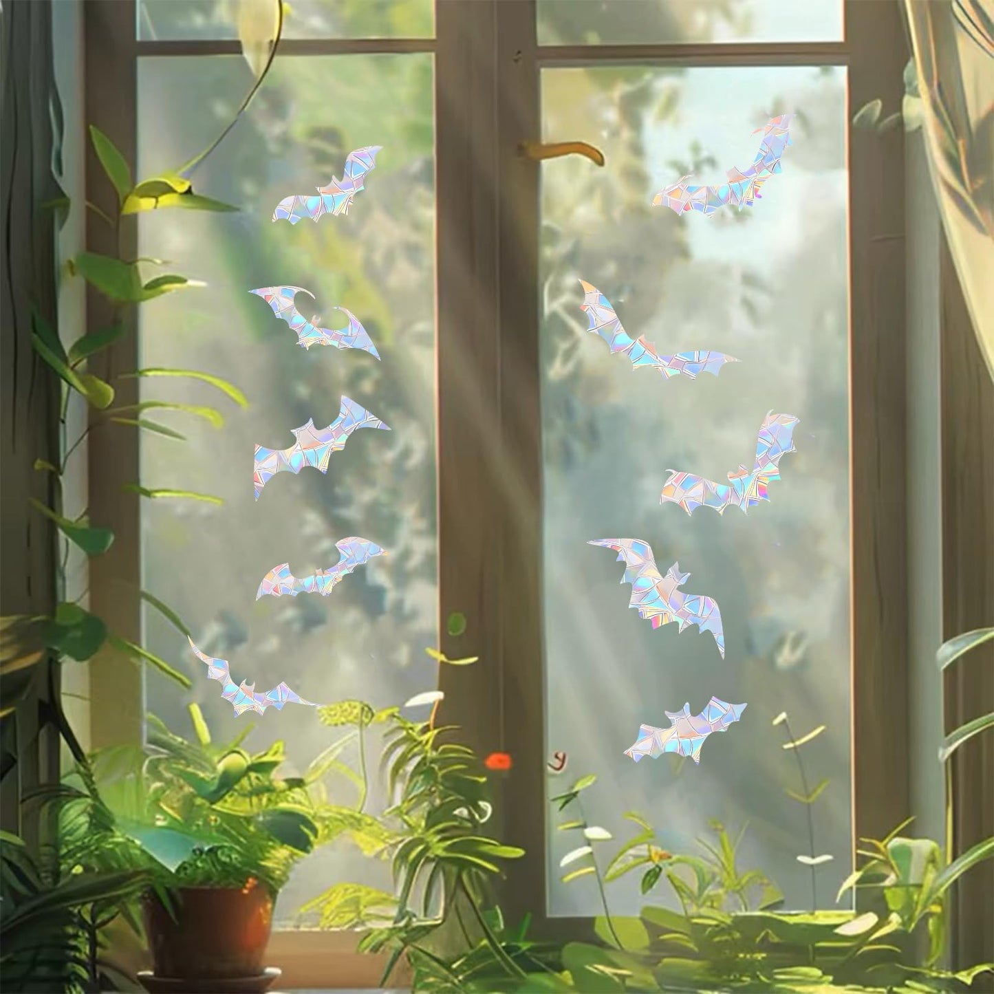 45PCS Halloween Bat Window Stickers Prevent Birds from Hitting Windows, Rainbow Sun Catcher Stickers No Glue Required, Non-Adhesive Reusable Vinyl Rainbow Stickers