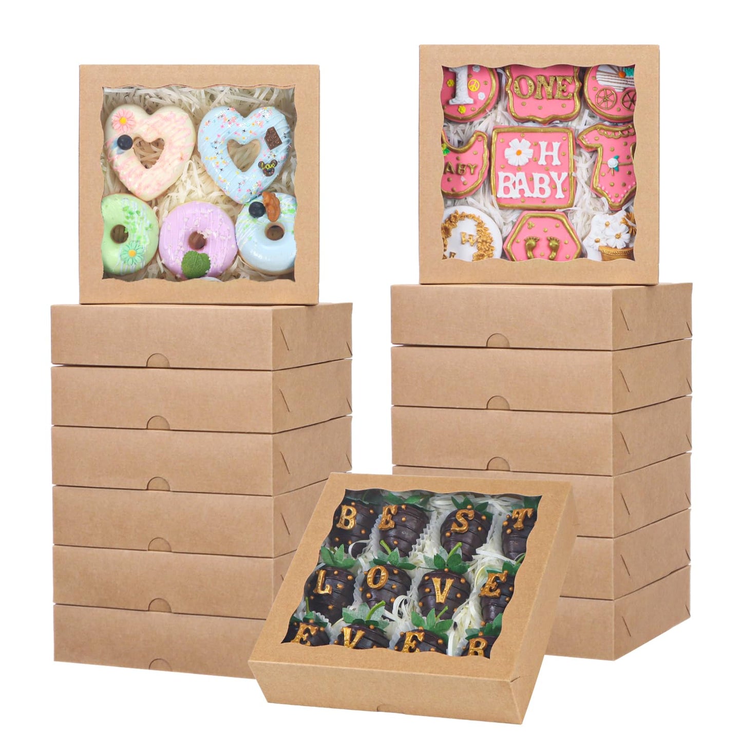 TEMLQPACK 15pcs 8x8x2 Inch Brown Bakery Boxes with Window - Christmas Cookies/Cakesicle Storage