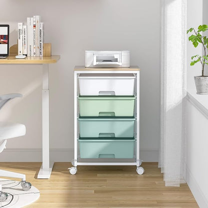 SYKIARIOL Utility Cart with 4 Drawers,Rolling Storage Cart with Drawers,Storage Rolling Drawer Cart with Wooden Tabletop for Bedroom,Kid's Room,Dorm,Classroom,Office,Green