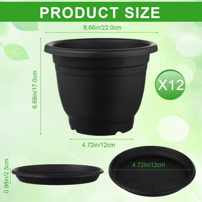 Sunnychicc 12 Pack 8+'' Plastic Plant Pots Round Planter Pots with Saucer Tray Seedling Pot Hole Seed Resin Plant Pot Starting Nursery Flower Container with Pallet for Garden Outdoor Indoor(Black)