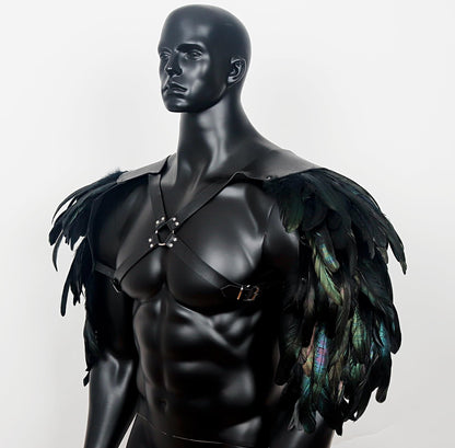 L'VOW Men's Feather Shoulder Armor Medieval Leather Harness Shoulder Guards Halloween Demon Cosplay(Black-2)