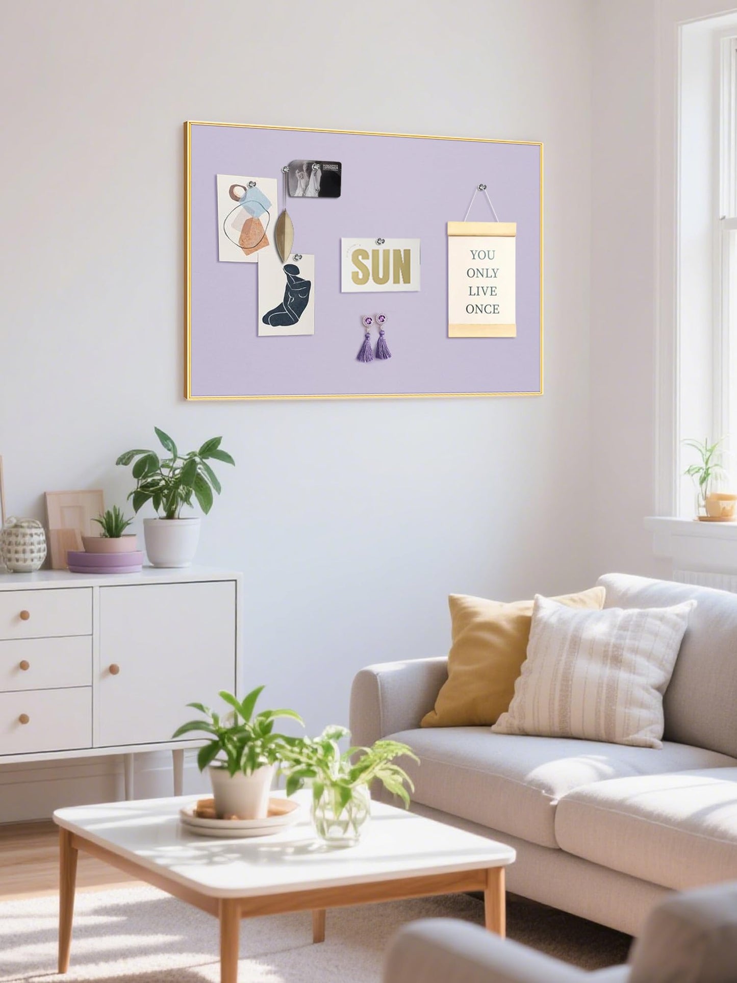 Lightomorrow Bulletin Board 30 x 20 inches, Light Lavender Pin Board, Golden Aluminum Framed Fabric Cork Board with 10 Push Pins