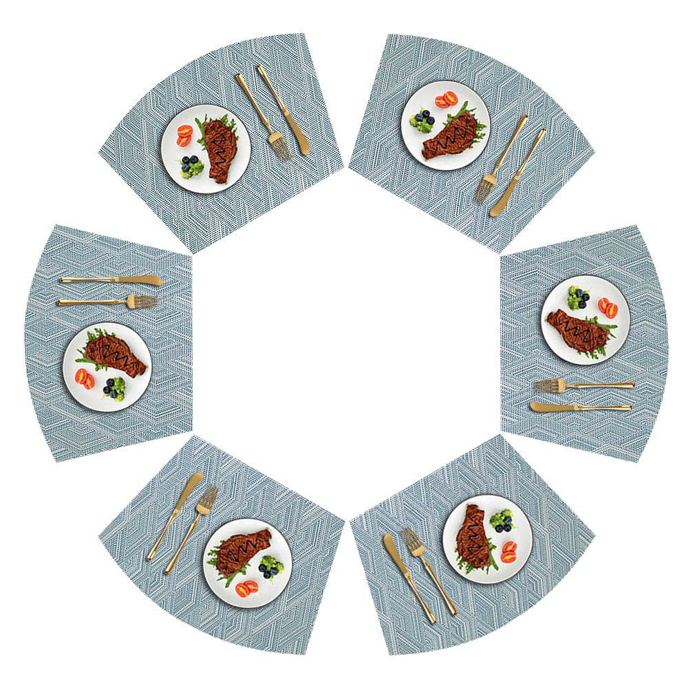 Kreatur Round Table Placemats Set of 6,Woven Vinyl Wedge Placemats Heat Resistant Table Mats Wipe Clean (Light Blue)