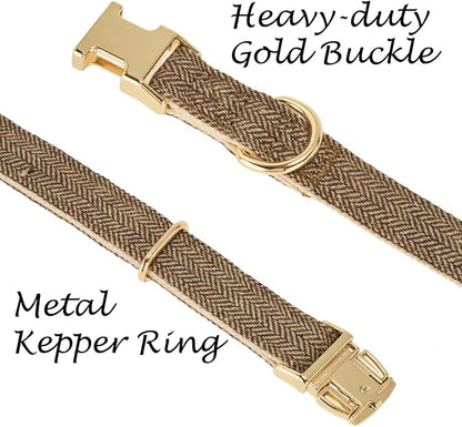 Luxury Soft Cotton Tweed Fabric Dog Collar & Leash Set with Gold Buckle – Durable Fabric, Stylish Design for Everyday Walks(Medium Coffee)