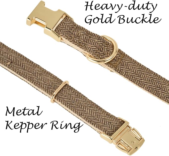 Luxury Soft Cotton Tweed Fabric Dog Collar & Leash Set with Gold Buckle – Durable Fabric, Stylish Design for Everyday Walks(Large Coffee)