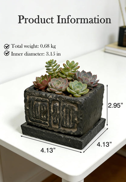 Txjyuyy Small Succulent Pots - Stone Square Plant Pot for Indoor Plants - Rustic Decorative Mini Planter for Desk, Cactus, Bonsai and Farmhouse Home Decor