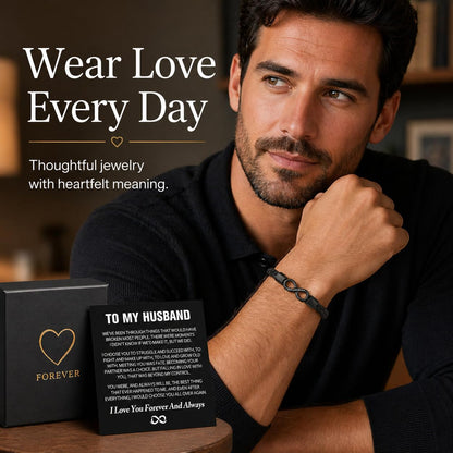 To My Husband Bracelet, Stainless Steel Engraved Love You Forever Black Braided Leather Promise Wristband Bracelets With Encouragement Message Card Anniversary Birthday Jewelry Gift (Husband Infinity-21)
