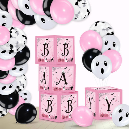 Hiboom 74 Pcs Halloween Balloon Boxes Baby Shower Decorations Pink and Black Halloween Baby Blocks Latex Balloons Garland Arch Kit for Baby Girls Happy Boo Day Birthday Party Supplies Photography Prop