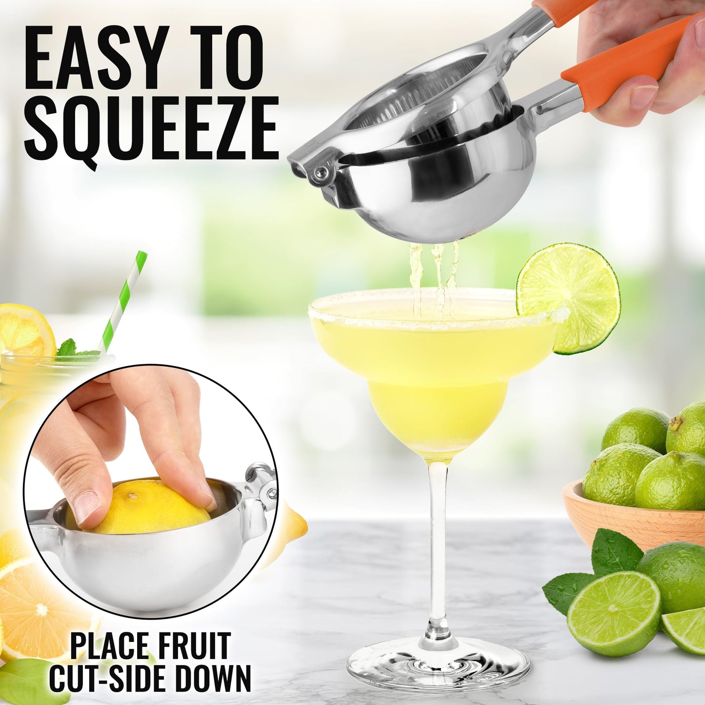 Zulay Lemon Squeezer Stainless Steel with Premium Heavy Duty Solid Metal Squeezer Bowl (Black Grip, Large)