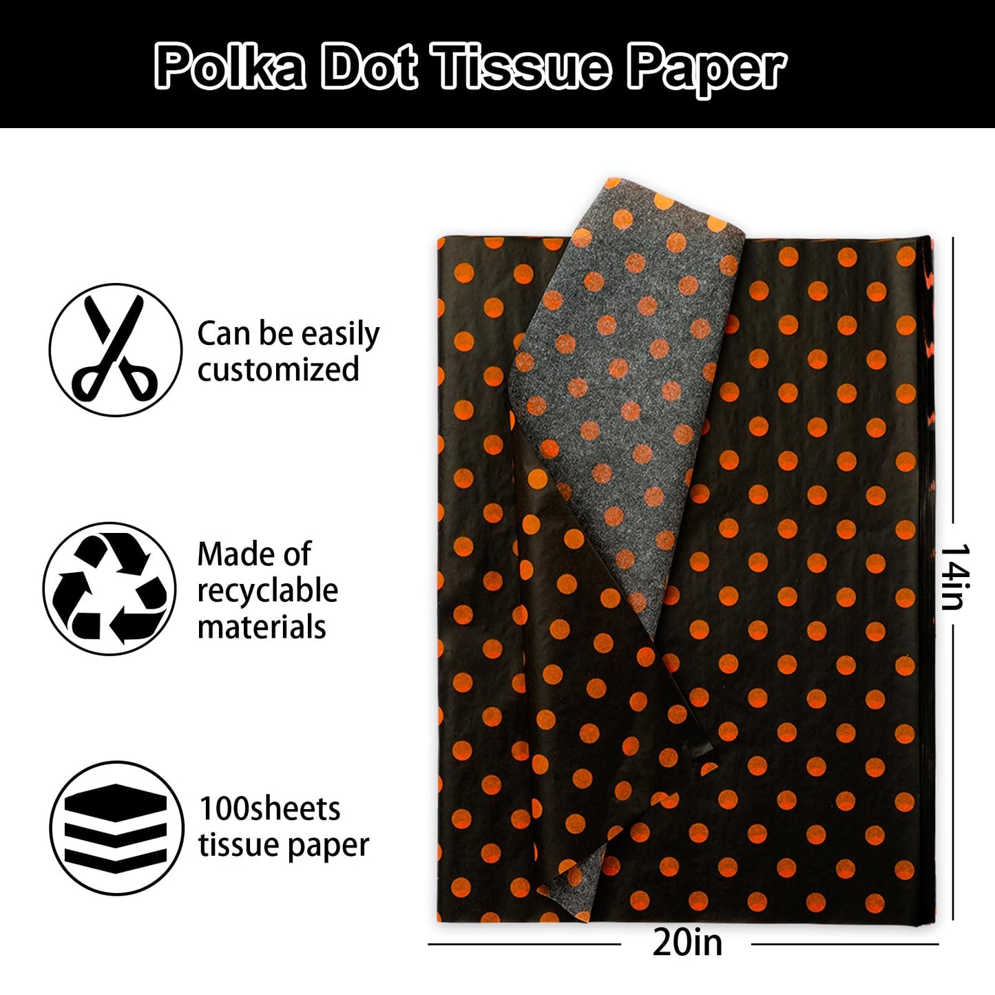 Whaline 100 Sheets Halloween Tissue Paper Polka Dot Gift Wrapping Paper Black Orange Art Sheet for Holiday Birthday Baby Shower Party DIY Crafts Supplies, 14 x 20 Inch