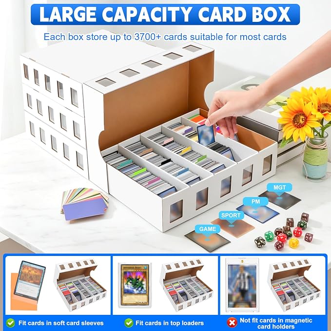 6 Pack Trading Card Storage Box, 22200+ Count Card Storage Box with 48 Card Divider White Sports Storage Card Box Organizer Bulk Card Cases Cardboard Card Box for Basketball Football Cards Collection