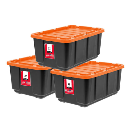 IRIS USA 3-Pack 27 Gallon Storage Bins with Lids |Made in USA| Heavy Duty Plastic Tote Containers for Truckbed Tool Box Organization, Large - Orange