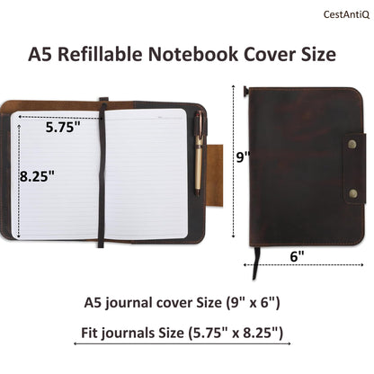 CestAntiQ Rustic Leather Journal Cover for A5 Notebooks (Fits 5.75 x 8.25 Inch & 5.5 x 8.2 Inch) | Premium Full Grain Leather Notebook Cover, Refillable Journal Cover with Pen Loop, 5 Card Slots & Interior Pocket | Leather Planner & Diary Cover (Brown)