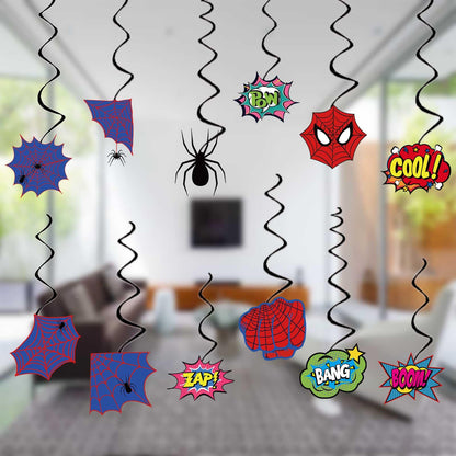 Spider Birthday Decorations Heros Party Decor, Assembled and Ready to Use, Spider Web Theme Party Hanging Swrils 24pcs Party Streamers Kids Birthday Party Decor Supplies