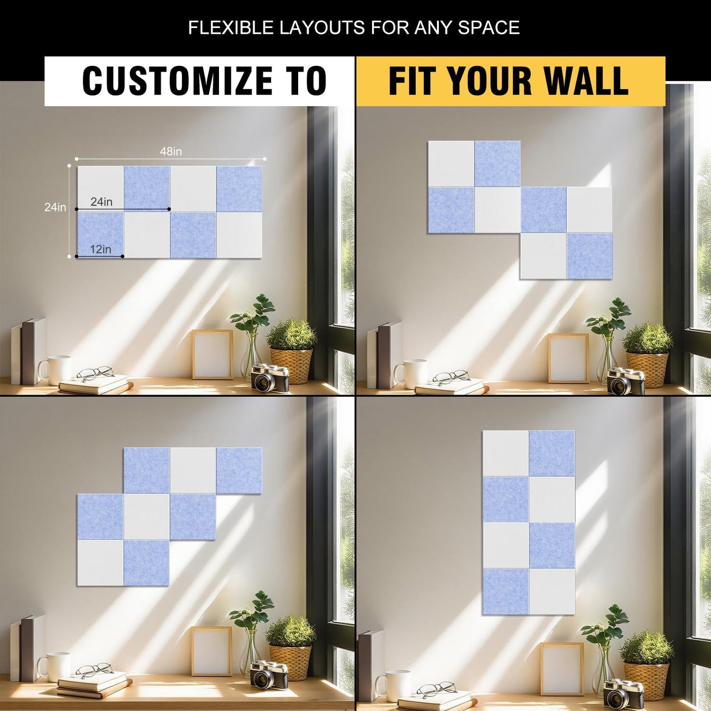 TSJOFFICE Large Cork Board for Wall - 48" x 24" Bulletin Board with 30 Pushpins for Office Decor, Pin Board 8 Pack Felt Tiles with Safe Removable Adhesive Tabs, Corkboard for Home - Light Blue & White