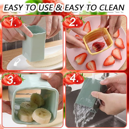 Tulobi 2-Piece Strawberry Slicer, Mini Fruit Slicer Cup, Stainless Steel, Quickly Makes Fruit & Vegetable Salad, Creative & Convenient Kitchen Gadget (Navy Blue + Yellow)