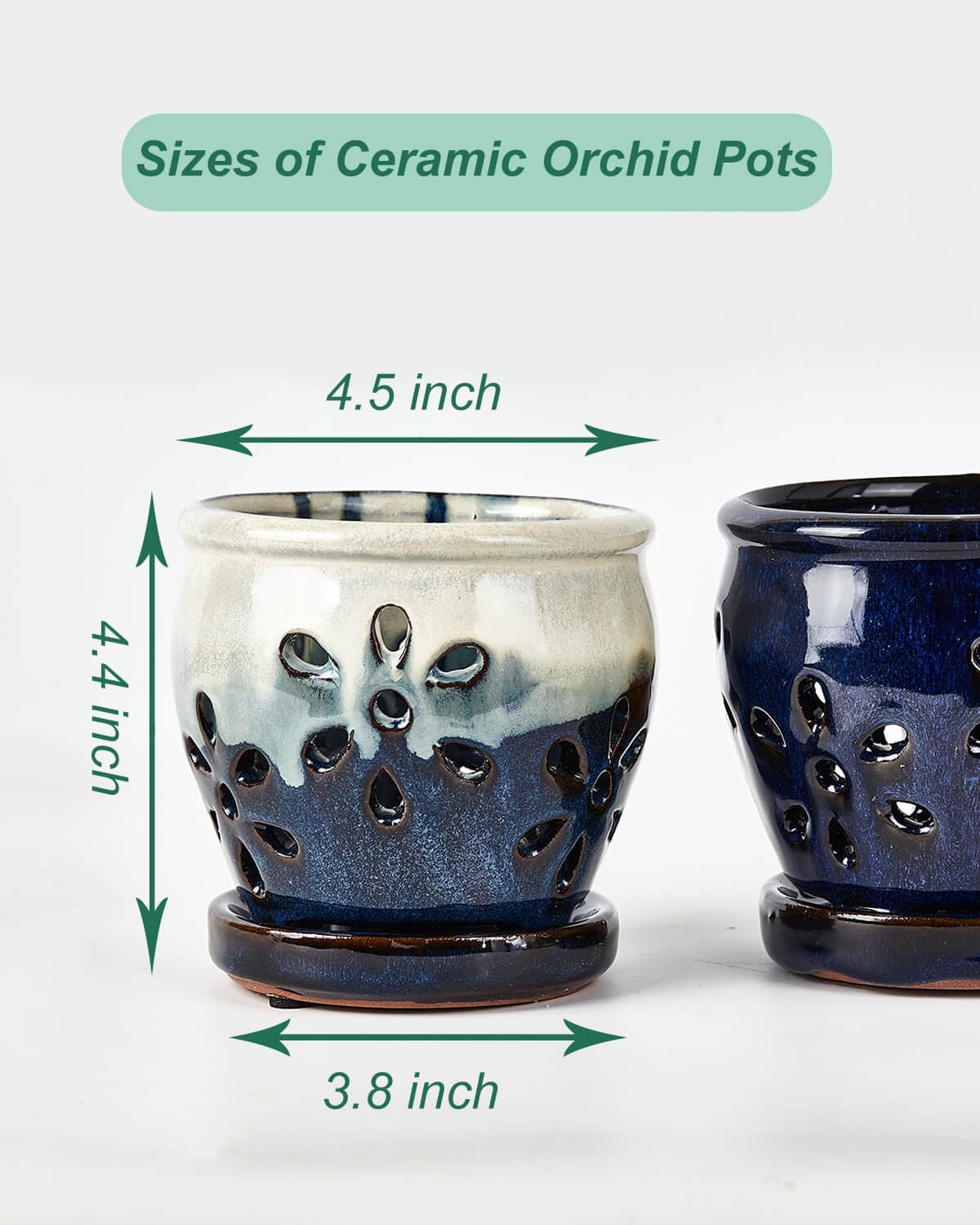 Vensovo 4 Inch Ceramic Orchid Pots with Drainage Holes and Saucers, 2 Pcs Small Planters for Orchids Succulents Repotting, Indoor Outdoor Ceramic Flower Pots for Healthy Root Growth (Blue, Blue Mixed)