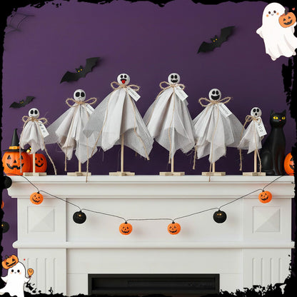 AceOrbit 6 Pcs Halloween Primitive Ghost Table Decor, Rustic Ghost Wooden Stand Sign Boho Farmhouse Wood Spooky Table Centerpieces for Halloween Office Indoor Party Decoration Supplies (Mixed Style)