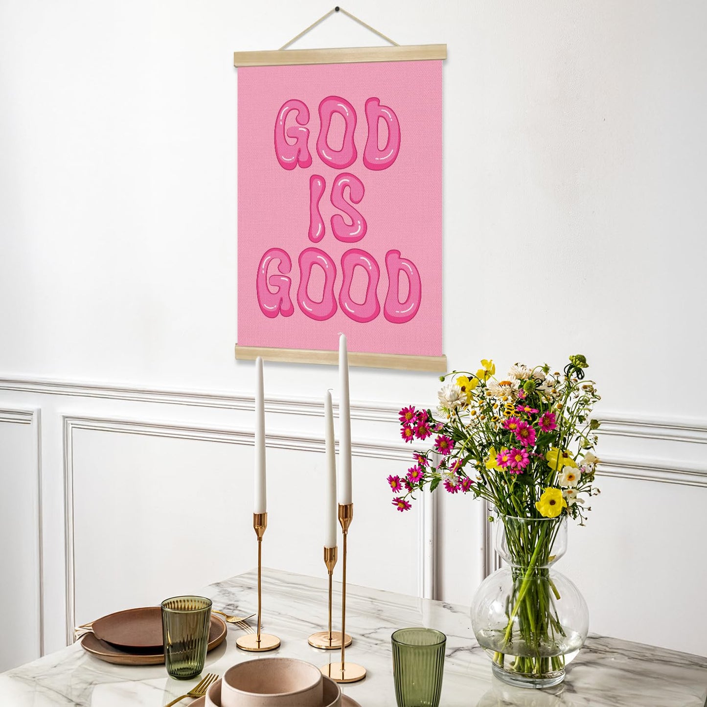You found a duck God Is Good Wall Art Poster,Pink Bubble Letter Christian Wall Art Decor for Bedroom Nursery Playroom,Inspirational Bible Verse Canvas Hanging Poster 14x18.5Inch (LKY02)