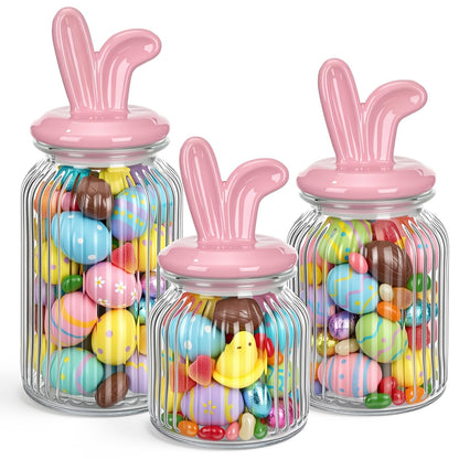 Potchen Easter Glass Jars with Airtight Lids Set of 3, 22oz, 34oz & 44oz Large Cookie Jar Set, Clear Candy Storage Canisters for Easter Party Gift Table & Countertop Decoration
