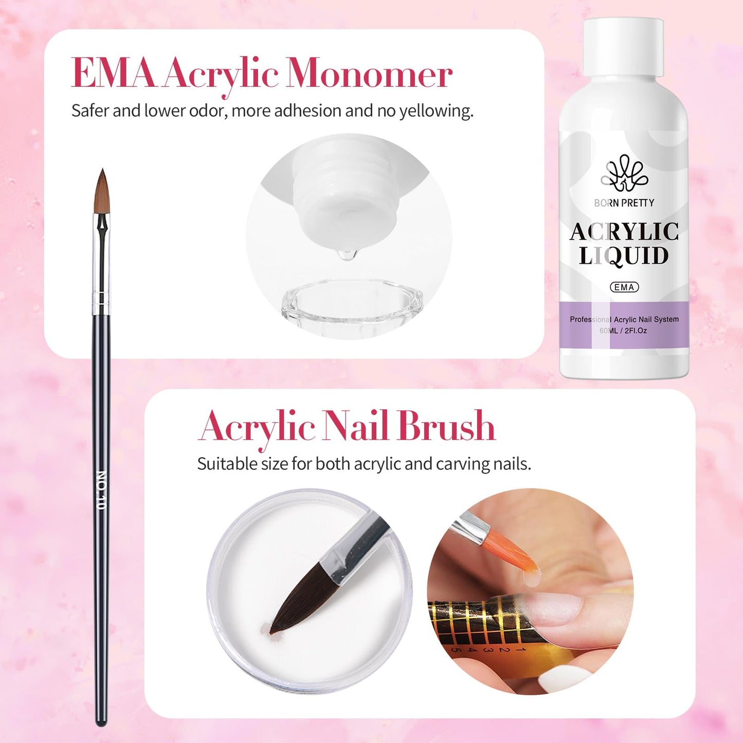 BORN PRETTY Acrylic Nail Kit - Acrylic Powder (Clear, White, Pink) & Liquid Set with Nail Forms, Brush Pen, File & Glass Container - Beginner Friendly