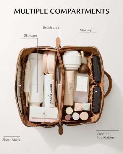 EACHY Leather Makeup Bag, Portable 180° Wide-Open Flat Cosmetic Bag for Women, Large Capacity Make Up Organizer Makeup Pouch with Divider and Handle