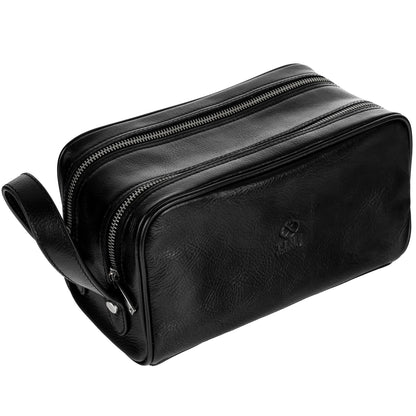 Time Resistance Leather Cosmetic Bag - Italian Toiletry Dopp Kit (Black)