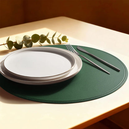 Rinpon Round Vinyl Green Placemats Set of 6, Faux Leather Waterproof Wipeable Heat Resistant Place Mats, Washable Table Mats for Halloween, Thanksgiving & Christmas Dinner(Green)