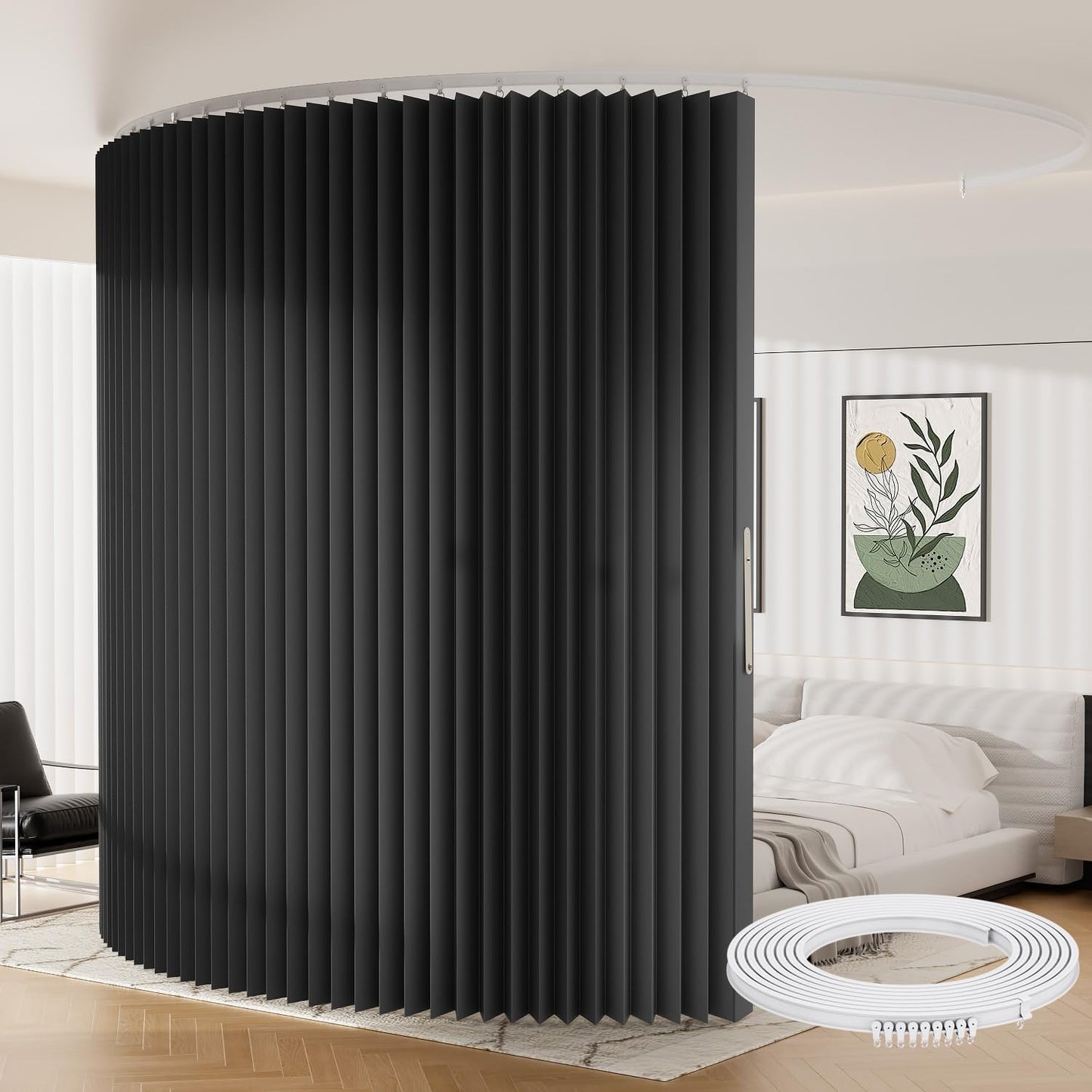 Room Divider Curtains Ceiling Mount/Wall Mount Track Sets, Accordion Design 100% Blackout Curtains Room Separation Space Sliding Curtain Wall Divider for Living Room Bedroom Privacy Screen Partition