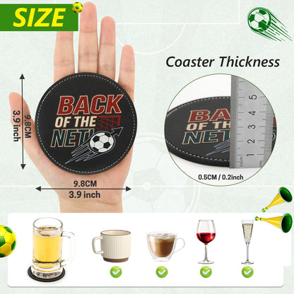 BEADJONE 6 Pack Soccer Coasters for Drinks Set, 3.9" Leather Football Coasters with Holder, Waterproof Tabletop Protection for Home Bar Watch Parties & Game Day Decor, Sports Fans Gifts