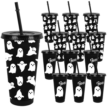 JarThenaAMCS 12 Pcs Halloween Ghost Party Cups with Lids Straws Cute Ghost Boo Plastic Tumblers Black White Reusable Water Bottle for Hot Cold Drinks Birthday Party Baby Shower Table Decor, 24 Oz