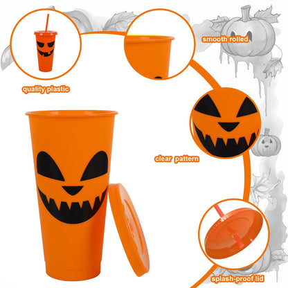 JarThenaAMCS 24Pcs Halloween Plastic Cups with Straws Lids Orange Pumpkin Plastic Tumbler Spooky Festive Cold Cups for Home Office Halloween Party Supplies